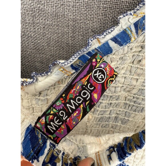 Me 2 Magic Maxi Dress 3X White Blue Gold Boho Embroidered Tassel Fringe Paisley - Picture 6 of 8